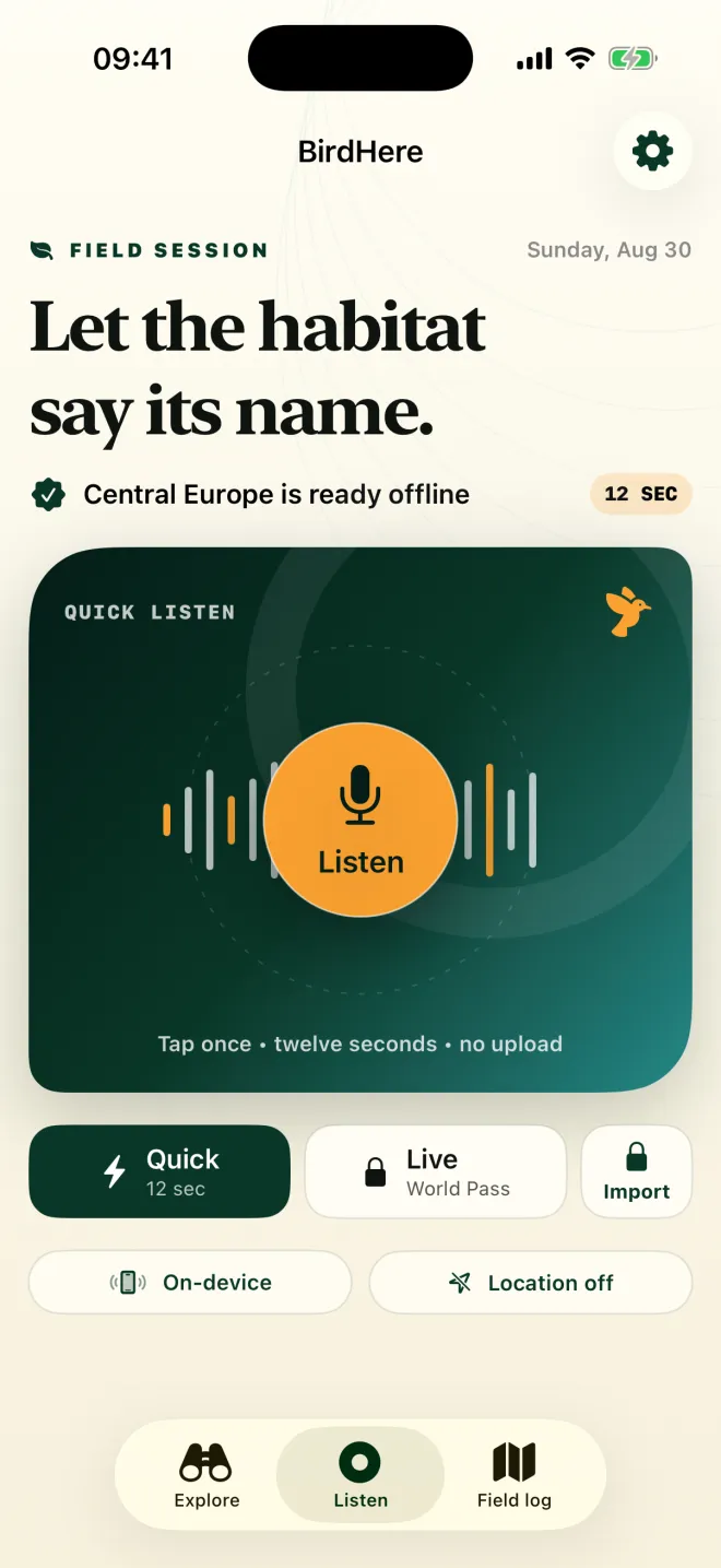 BirdHere listening screen with a Listen button and the note: tap once, twelve seconds, no upload