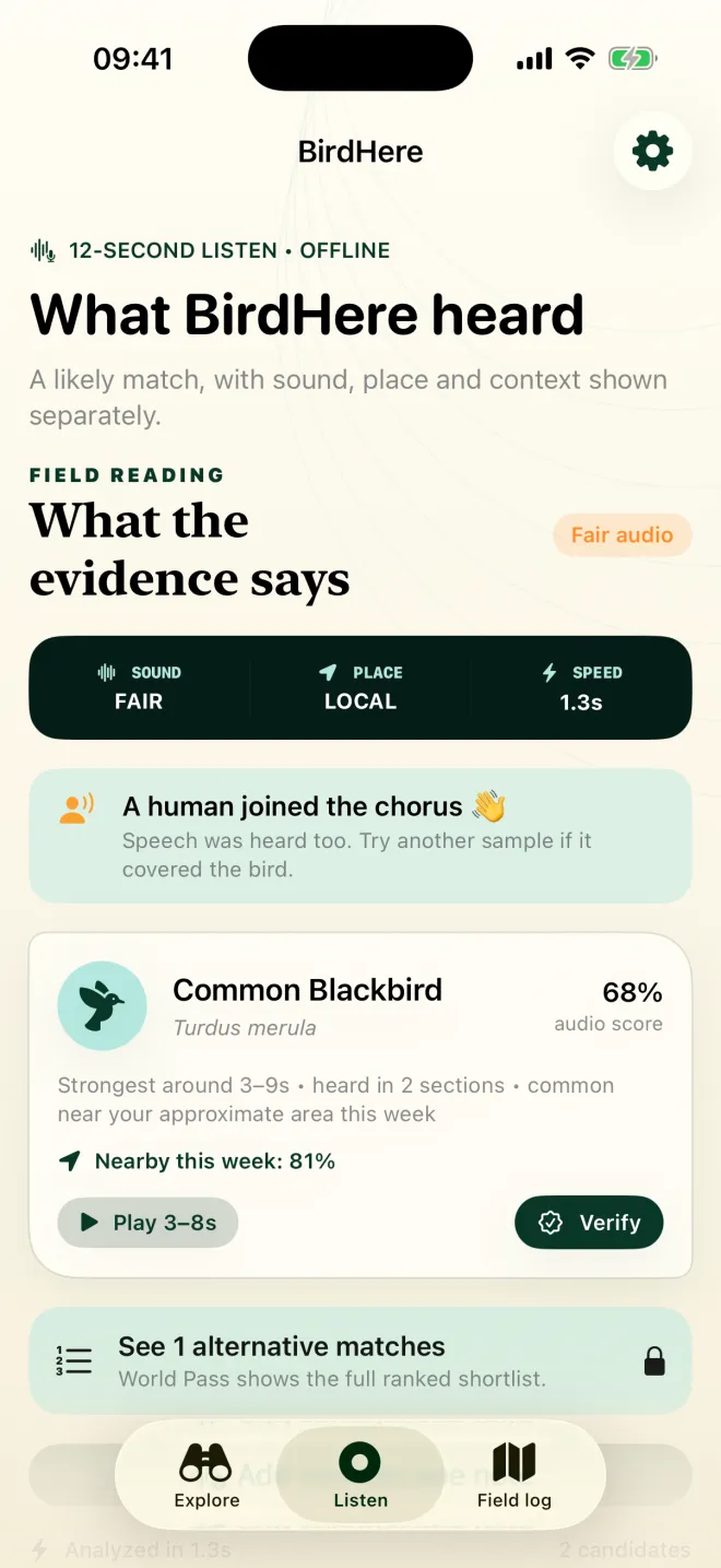 BirdHere result screen: Common Blackbird, 68% audio score, fair recording quality, a note that a human voice was also heard